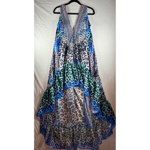 Crystal Embellished Animal Print High Low Maxi Dress Blue Teal Animal sz S